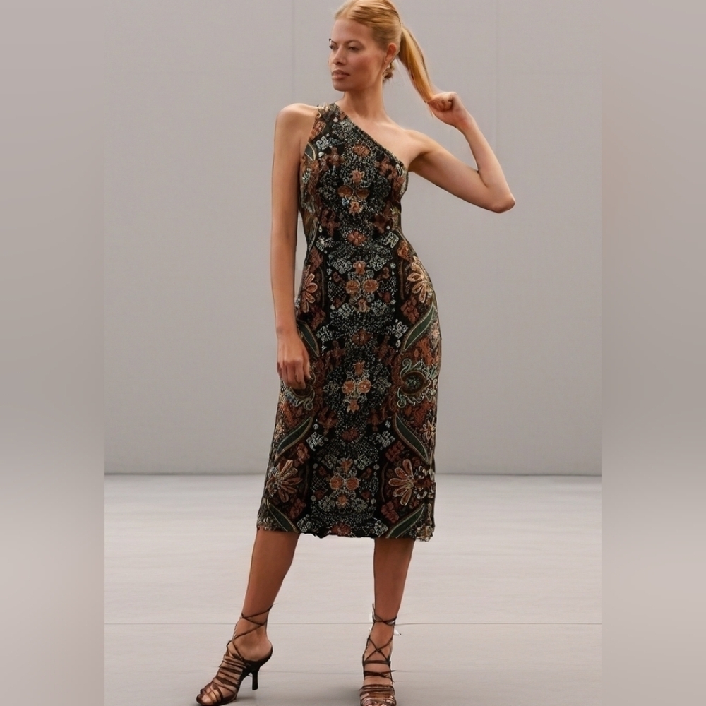 Anthropologie One Shoulder Jacquard Midi Dress